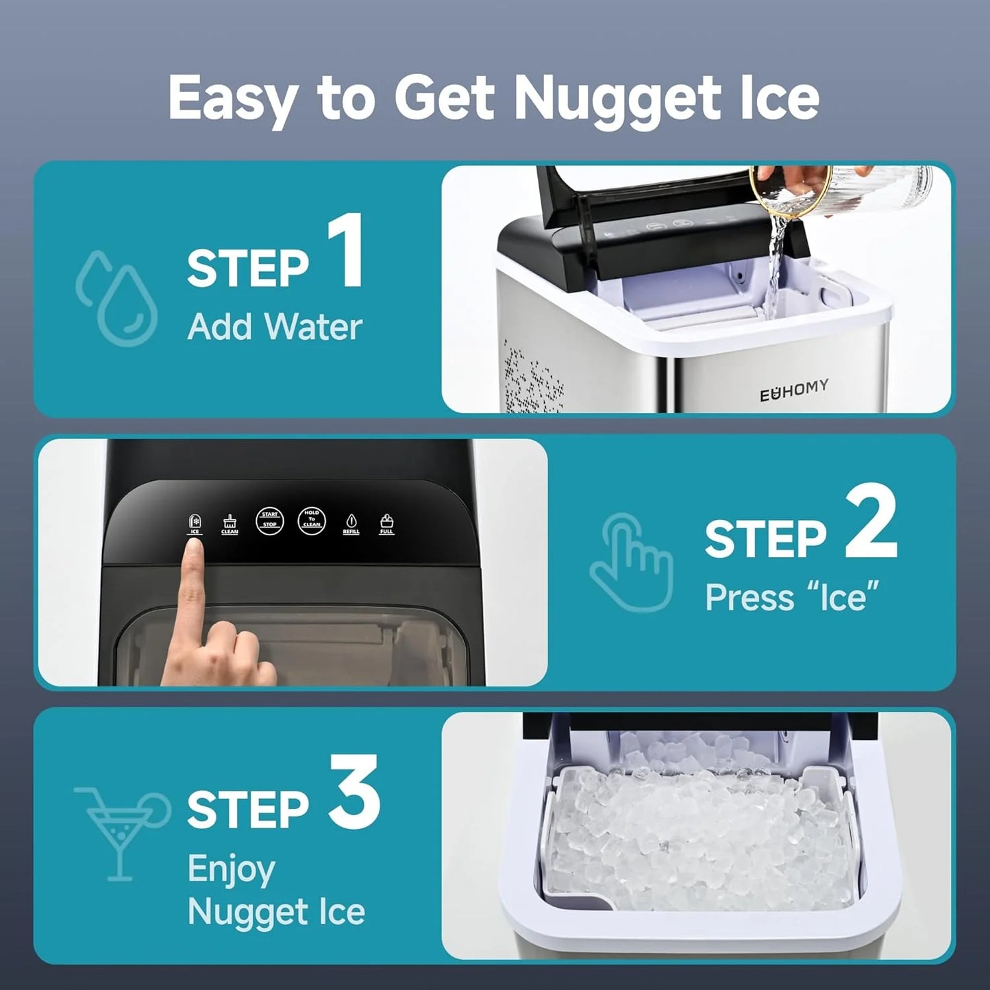 EUHOMY Nugget Ice Maker Countertop, Ready in 8 Mins, 35lbs/24H, Self-Cleaning, Portable Ice Makers Machine with Ice Scoop & Basket, Sonic Ice Maker with Chewable Pellet Ice for Home/Party/RV/Camping