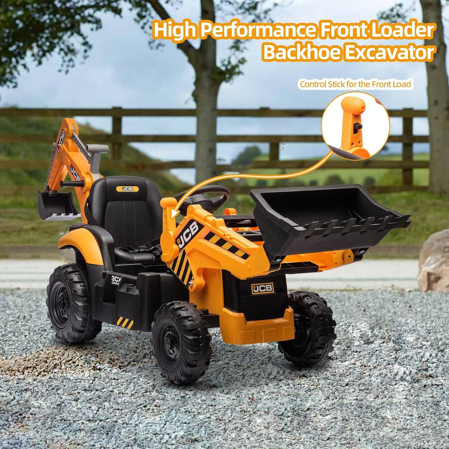 12V JCB Ride On Excavator, Ride on Toys for Kids 4-8, Electric Car for Kids with Tractor, Bulldozer, Digging Arm, Backhoe Toy Car with Slow Start/Stop, Adjustable Speeds