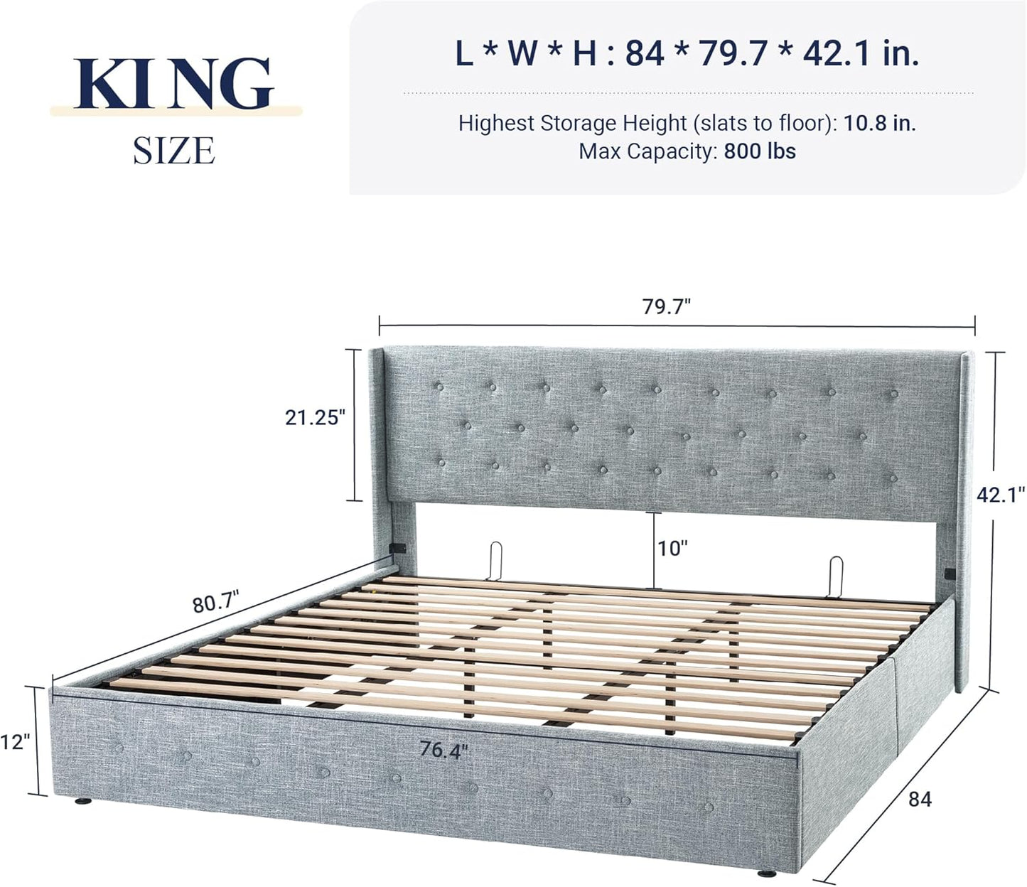 Allewie Queen Size Lift Up Storage Bed, Modern Wingback Headboard, Hydraulic Support, No Box Spring Needed, Light Beige