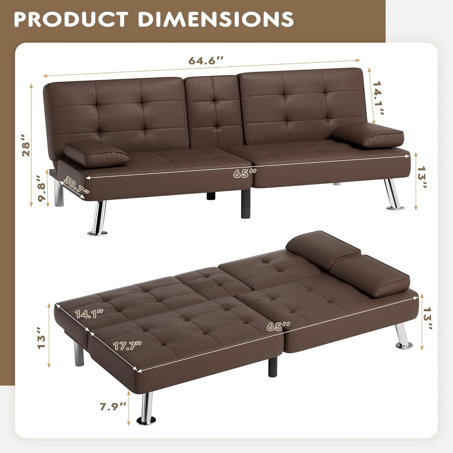 Homall Futon Sofa Bed, Leather Futon Couch with Removable Armrests, Adjustable Recliner Sleeper Sofa Bed with Dual Cup Holders for Living Room, Apartment