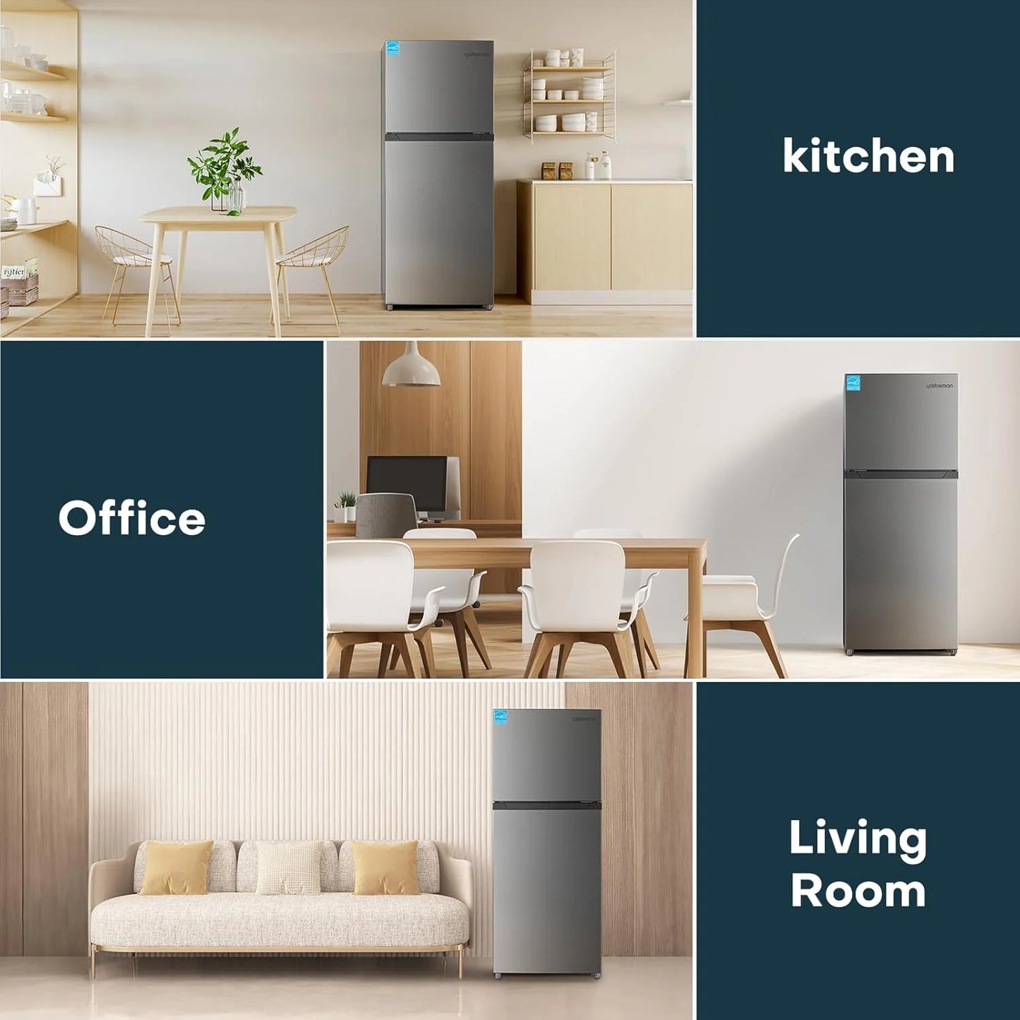 Upstreman 7.7 Cu.Ft. Refrigerator with Freezer, Double Door, Adjustable Thermostat, Large Capacity, Reversible Door Swing, Refrigerator for Apartment, Office, Dorm, Stainless (BD75)