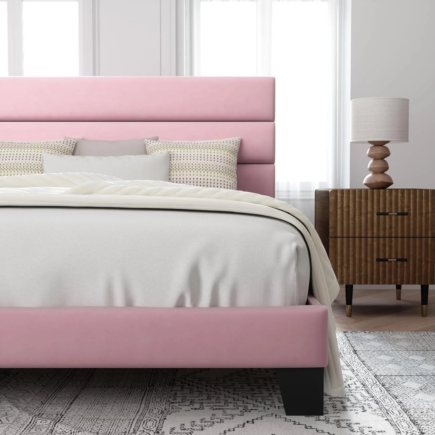 Allewie Queen Size Platform Bed Frame with Fabric Upholstered Headboard and Wooden Slats Support, Fully Upholstered Mattress Foundation/No Box Spring Needed