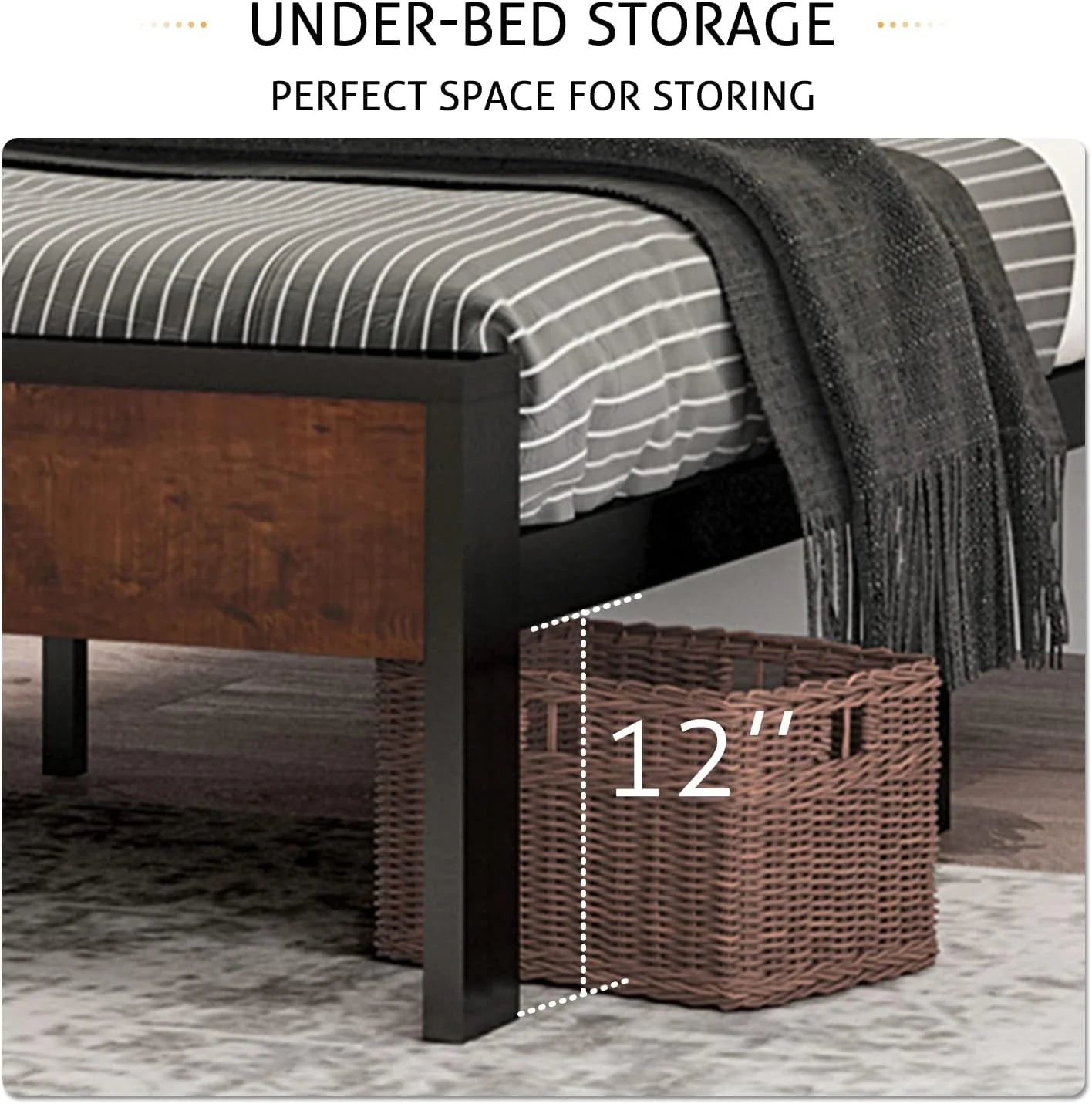 SHA CERLIN 14 Inch Queen Size Metal Platform Bed Frame with Wooden Headboard and Footboard, Mattress Foundation, No Box Spring Needed, Large Under Bed Storage, Non-Slip Without Noise, Black Oak