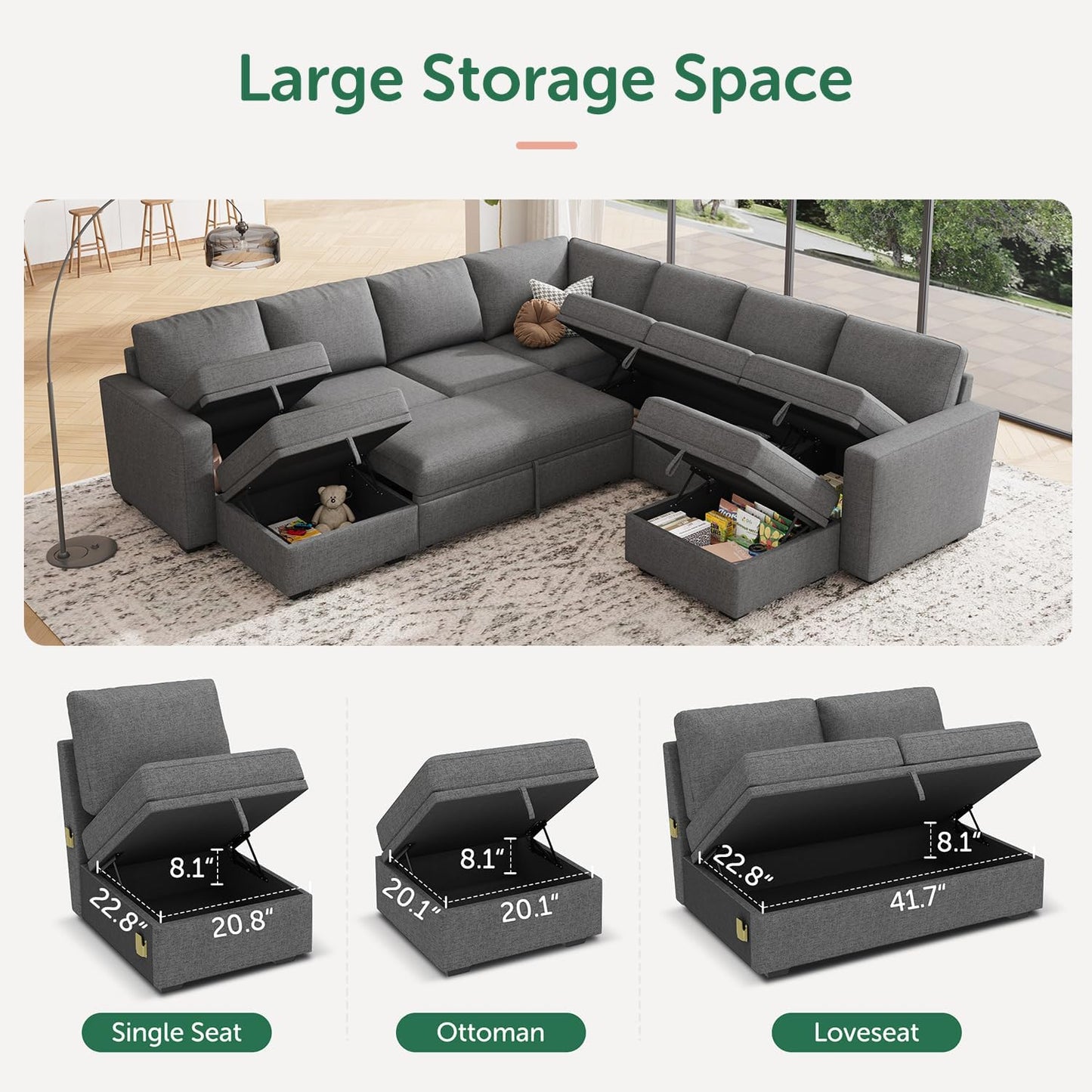 HONBAY Modular Sectional Sleeper Sofa with Pull Out Bed, L Shaped Couch with Storage Seat, Convertible Sectional Couches for Living Room