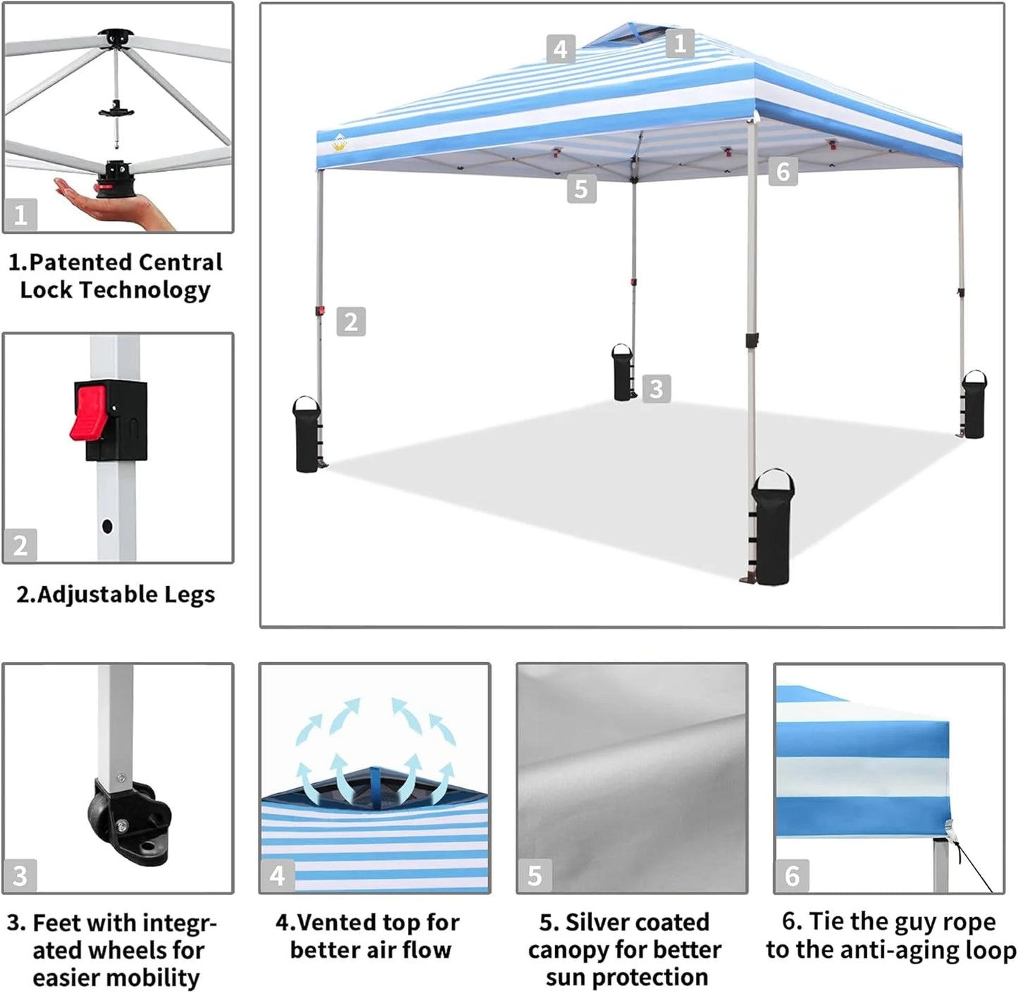 10x10 Pop-Up Awning - One-Click Installation Beach Tent - Outdoor Sunshade Silver Coated Top, 3 Heights and 4 Sand Pockets