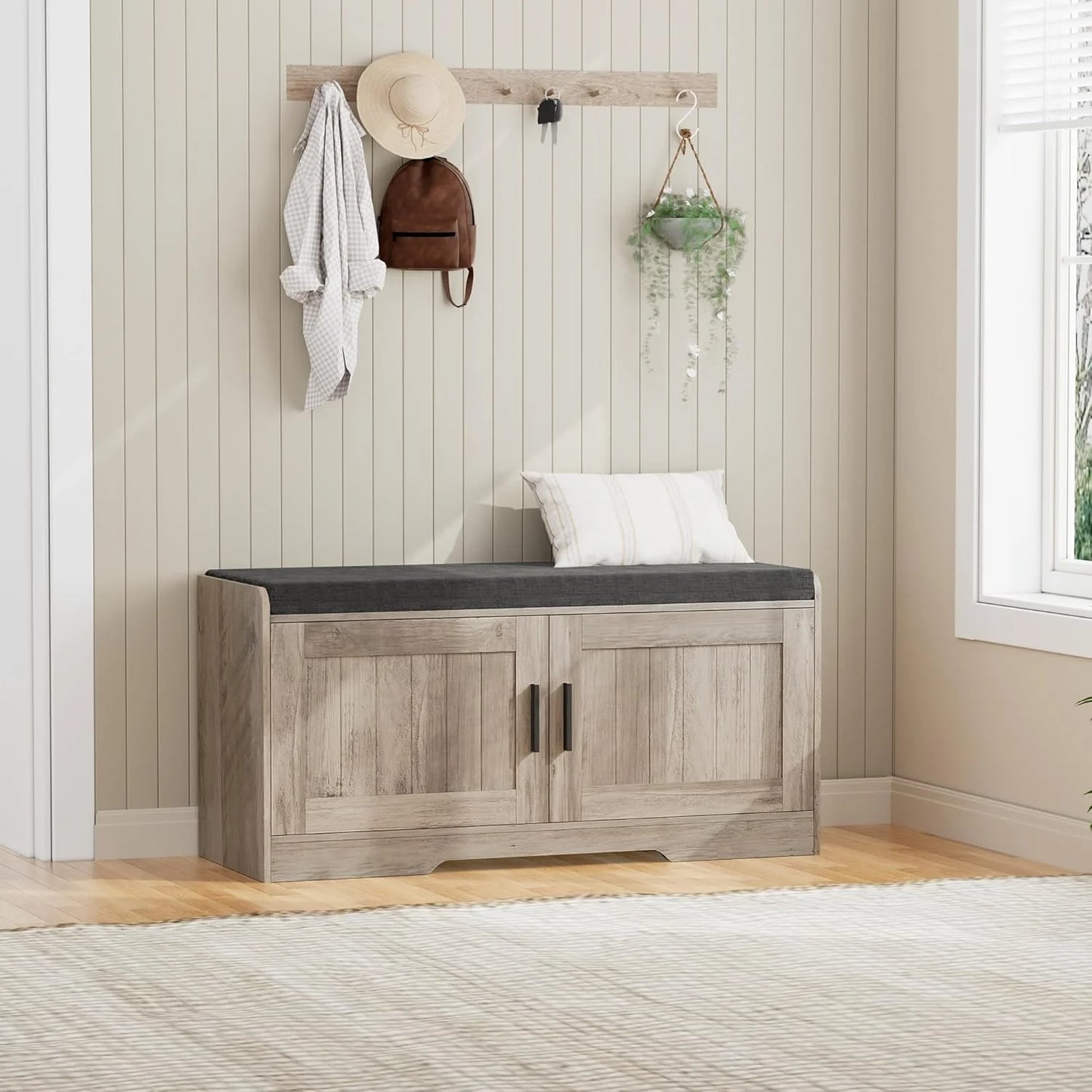 2-Tier Storage Bench, Shoe Bench with Thickened Padded Seat Cushion, Entryway Bench with 4 Doors, Adjustable Shelf