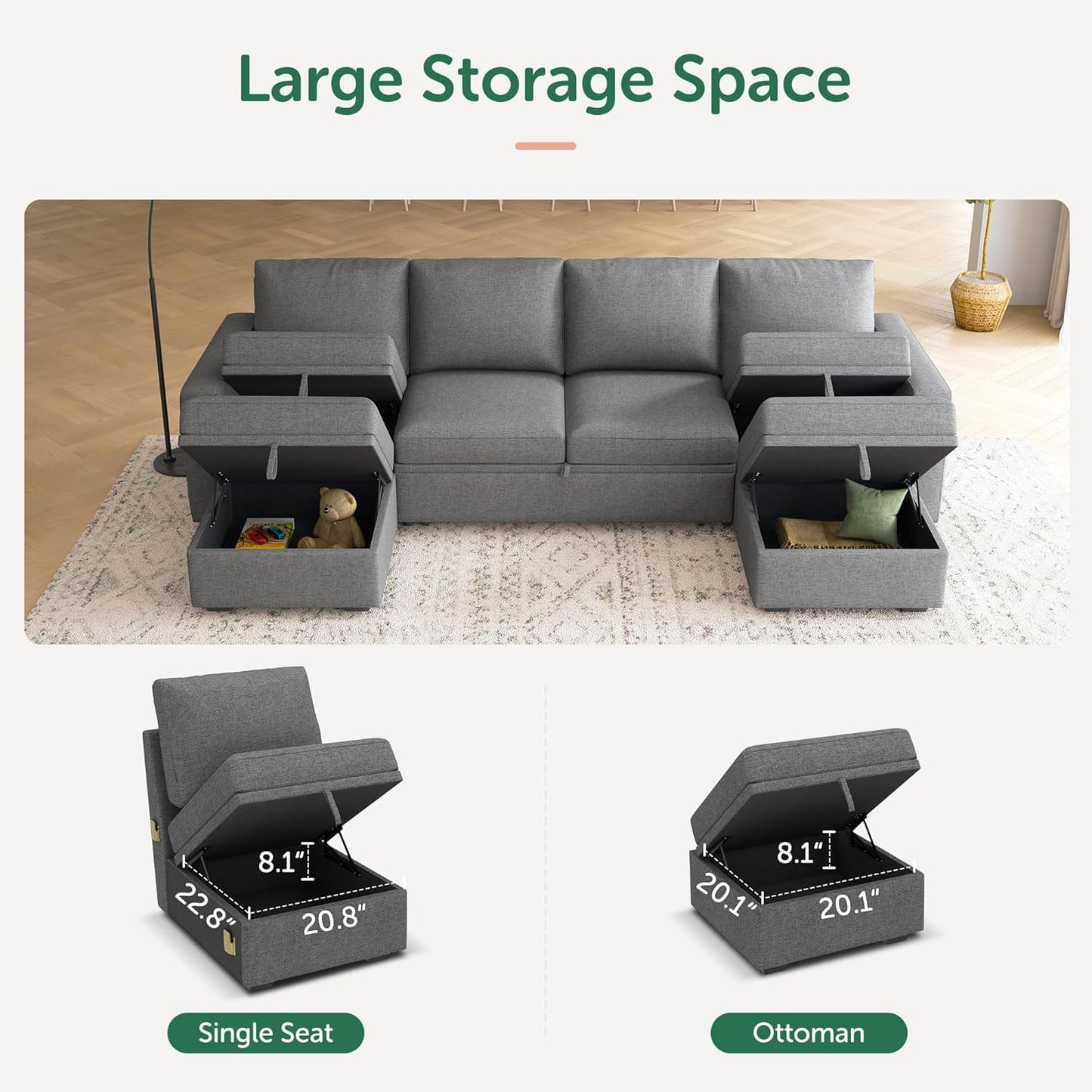 HONBAY Modular Sectional Sleeper Sofa with Pull Out Bed, L Shaped Couch with Storage Seat, Convertible Sectional Couches for Living Room