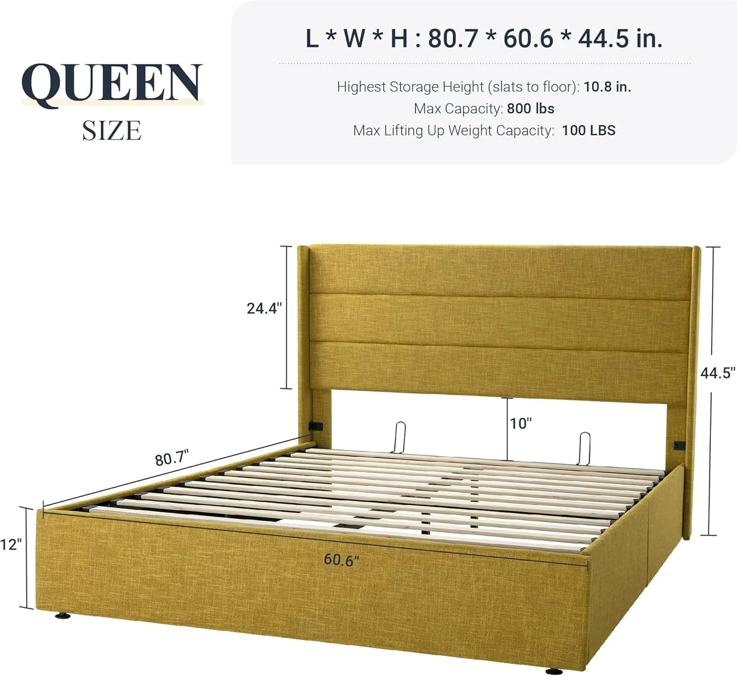Allewie Queen Size Lift Up Storage Bed, Modern Wingback Headboard, Hydraulic Support, No Box Spring Needed, Light Beige