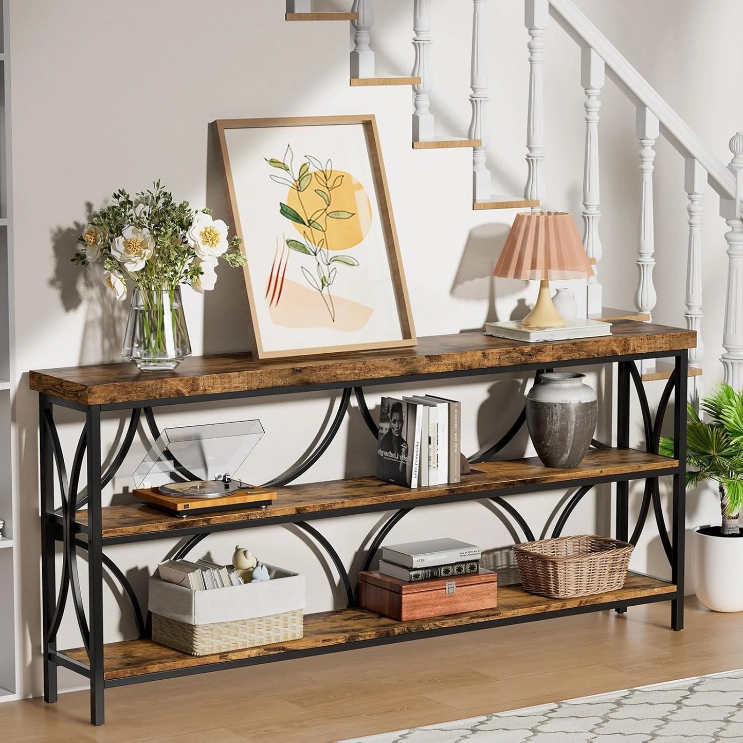 70.8 Inches Extra Long Console Table 3 Tiers Industrial Wood Entryway Sofa Table