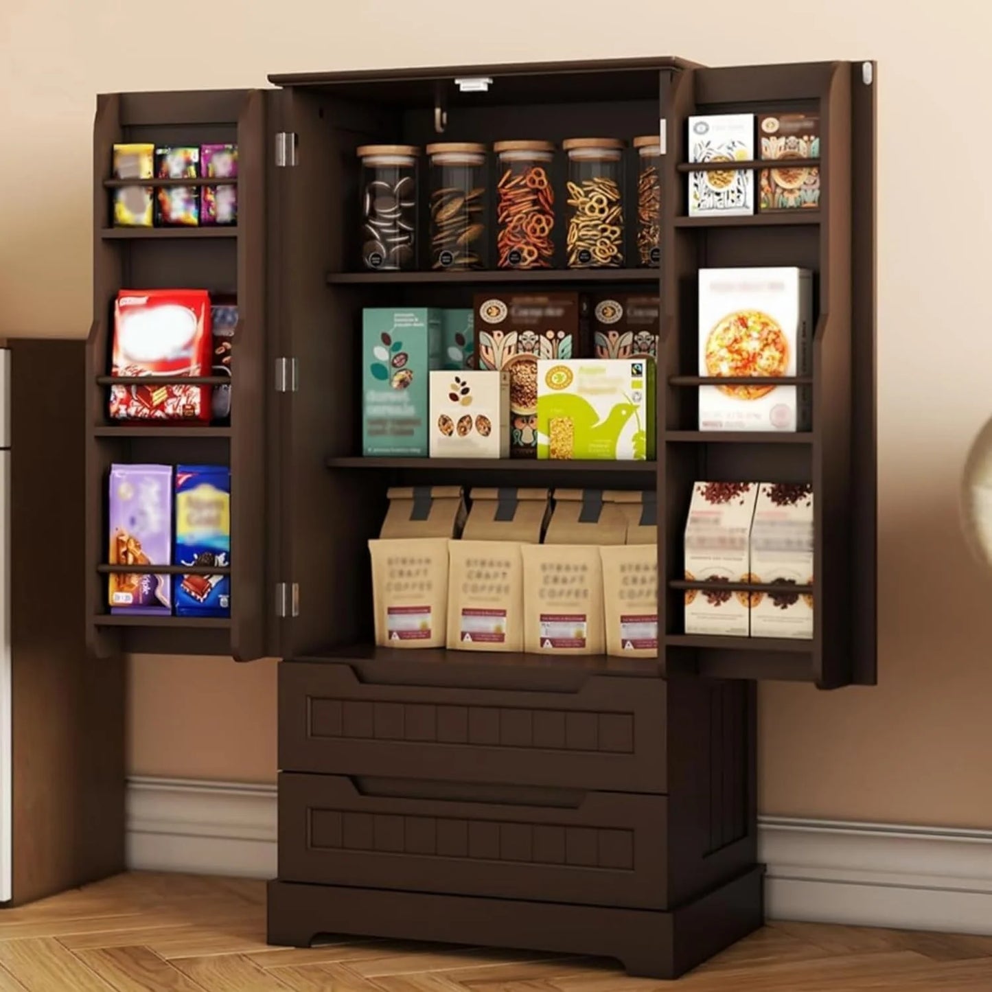 Gizoon Kitchen Pantry Cabinet with Drawers Freestanding Bathroom Storage Cabinet with Doors and Shelves, 47 Inch Small Pantry Cabinet