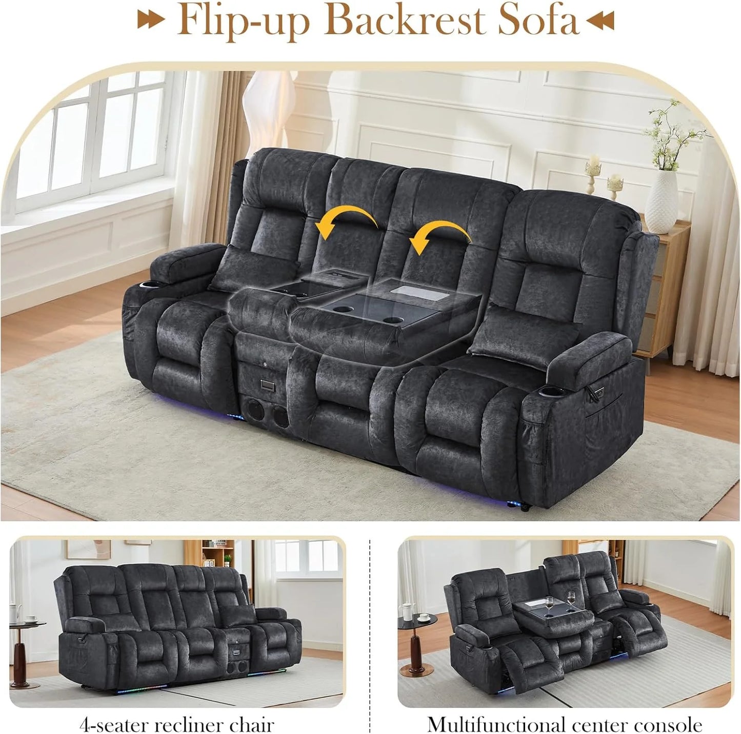 TUNYI Power Loveseat Recliner Sofa with Massage & Heat Home Theater Seating with Console Electric Recliner RV Sofa with USB/Outlet/Storage/Side Pocket/LED Light/Speaker (Brown, Loveseat)