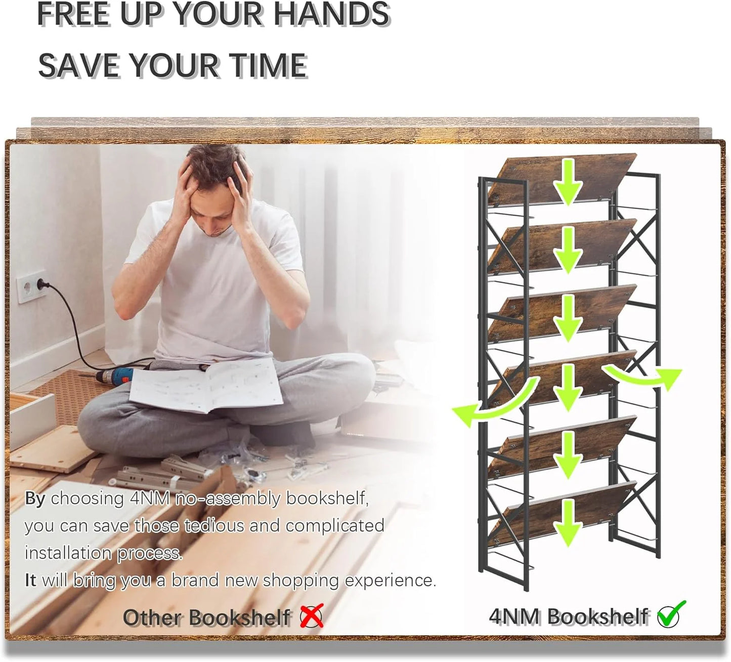 5 Tiers No Assembly Book Shelves 51.2" H Folding Bookshelf Bookcase