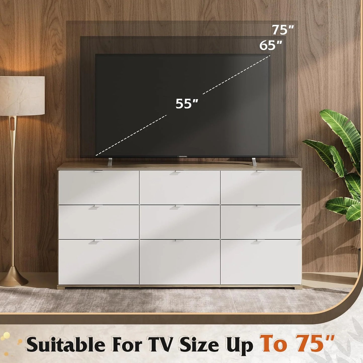 9 Drawer Led Dresser for Bedroom, 58.35'' Wide Wood Dresser Storage Organizer with Power Outlets for 65'' TV, Dressers with Open Shelves