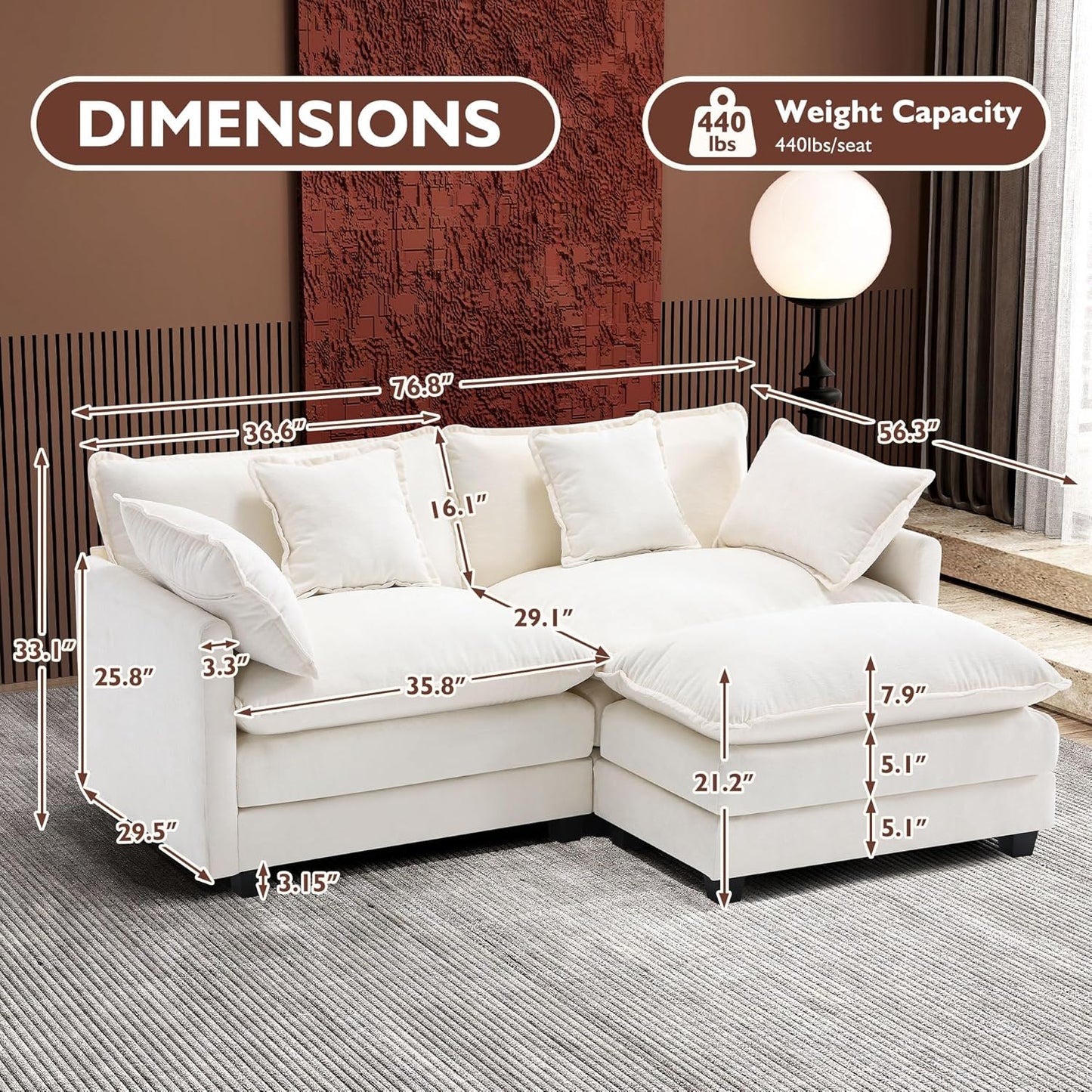 111.4 Inch L-Shaped Modern Sofa Modular Cloud Sofa with Ottoman, 4-Seater Chenille Deep Seat Sofa with Pillows for Living Room, Bedroom and Apartment, Beige