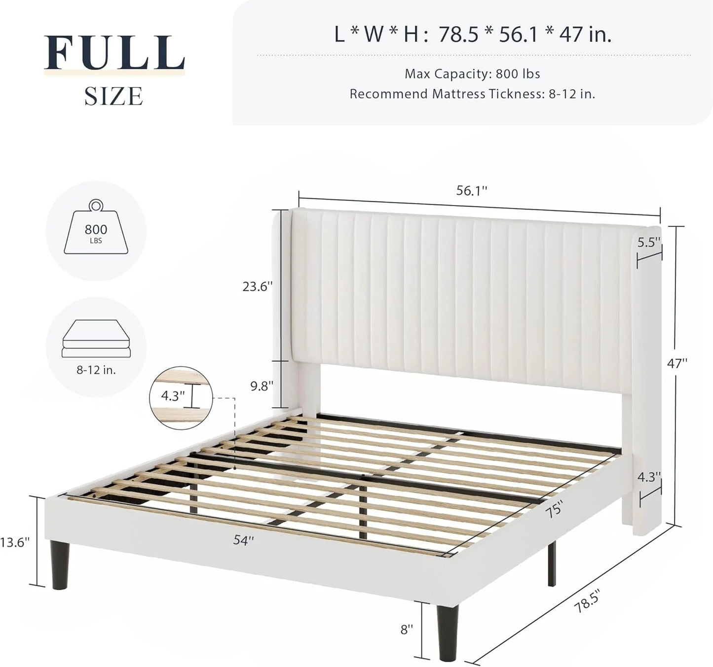 Allewie Full Size Velvet Bed Frame/Vertical Channel Tufted Wingback Headboard/Upholstered Platform Bed/Strong Wooden Slats/No Box Spring Needed/Easy Assembly/White