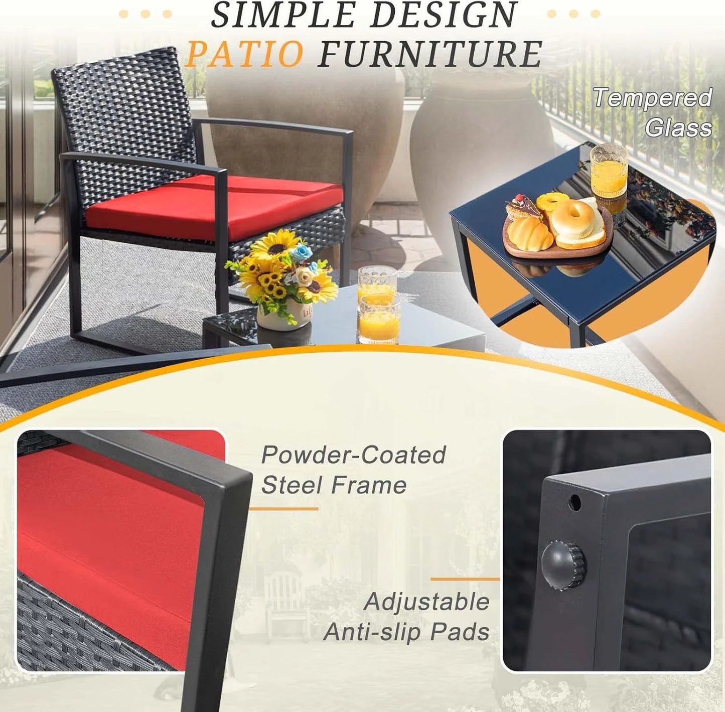 Flamaker 3 Pieces Patio Set Outdoor Wicker Furniture Sets Modern Rattan Chair Conversation Sets with Coffee Table for Yard and Bistro (Black)