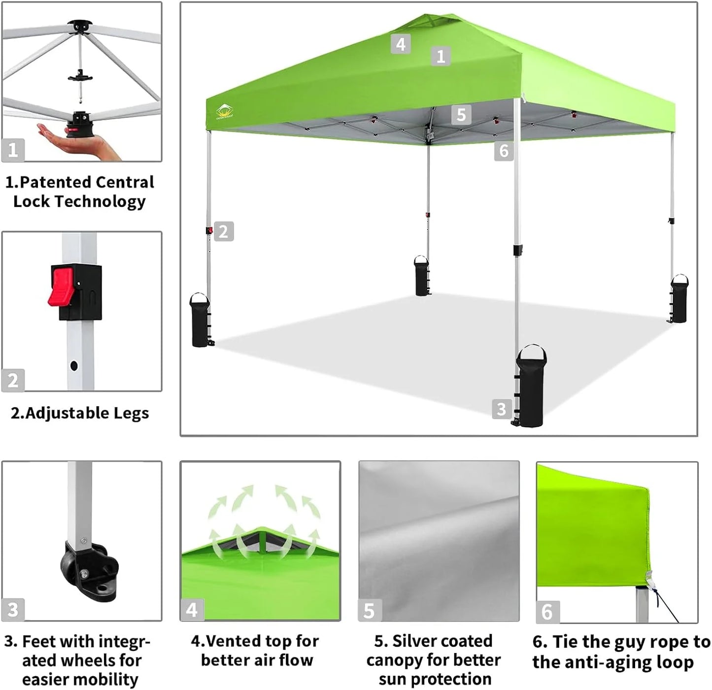 10x10 Pop-Up Awning - One-Click Installation Beach Tent - Outdoor Sunshade Silver Coated Top, 3 Heights and 4 Sand Pockets