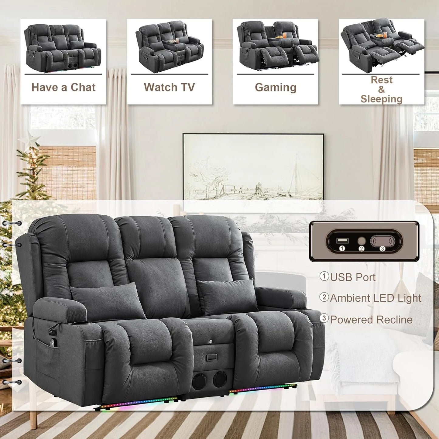 TUNYI Power Loveseat Recliner Sofa with Massage & Heat Home Theater Seating with Console Electric Recliner RV Sofa with USB/Outlet/Storage/Side Pocket/LED Light/Speaker (Brown, Loveseat)