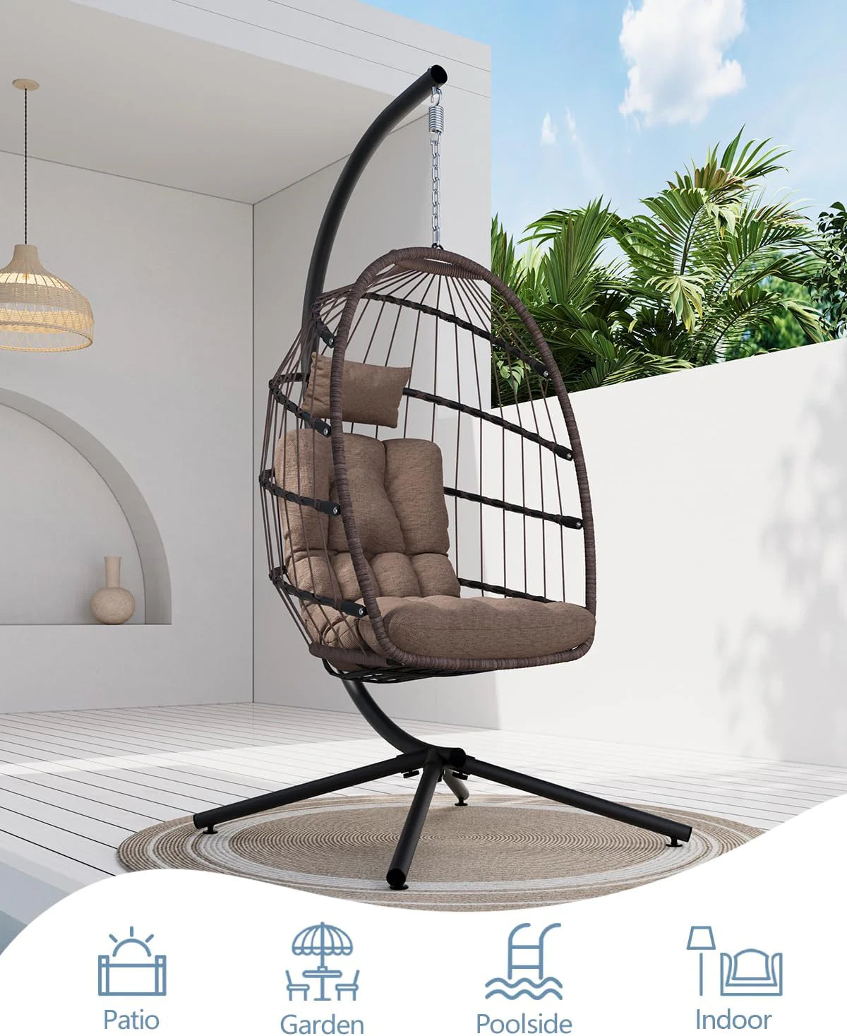 SWITTE Egg Chair Outdoor with Stand, Indoor Wicker Hanging Egg Swing Chair with Cushion, 350lbs Capacity for Patio, Bedroom