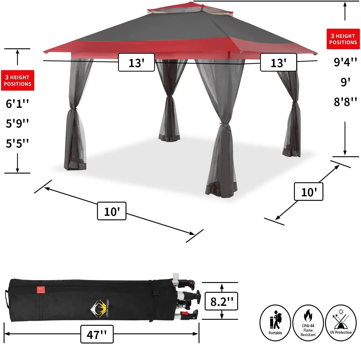 CROWN SHADES 13x13 Pop Up Gazebo, Canopy Tent, Gazebos on Clearance - Outdoor Gazebo for Backyard & Patio Furniture - Carpa Pop Up Tent with Wheeled STO-N-Go Cover Bag (White)