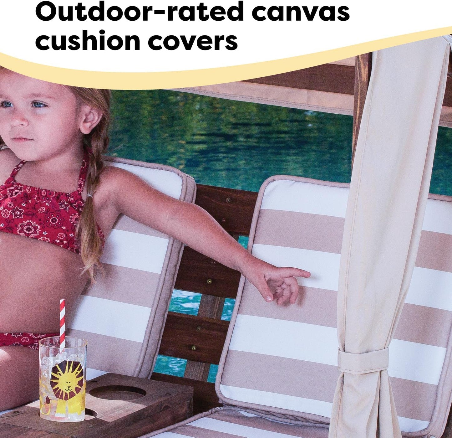 KidKraft Wooden Outdoor Double Chaise Lounge with Cup Holders, Kid's Patio Furniture, Honey with Navy and White Striped Fabric, Gift for Ages 3-8