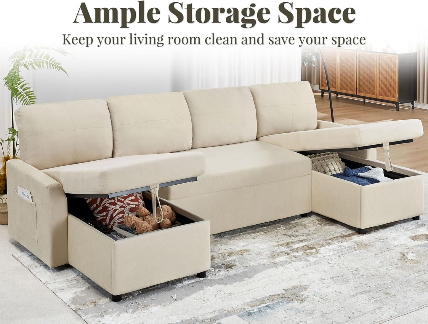 VanAcc Sofa Bed, Sleeper Sofa with Storage Chaise- 2 in 1 Pull Out Couch Living Room, Comfy Sleeper Couch