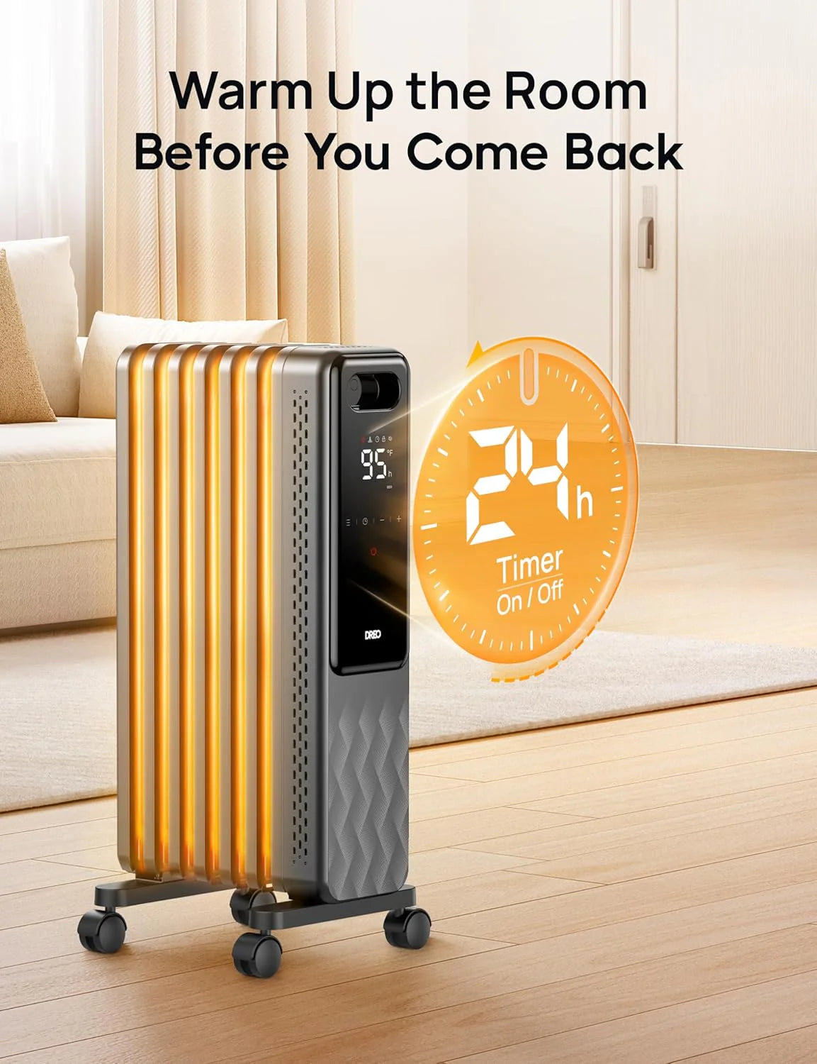 Indoor electric radiant heater with overheat and tip-over protection, digital thermostat, oil-filled radiator