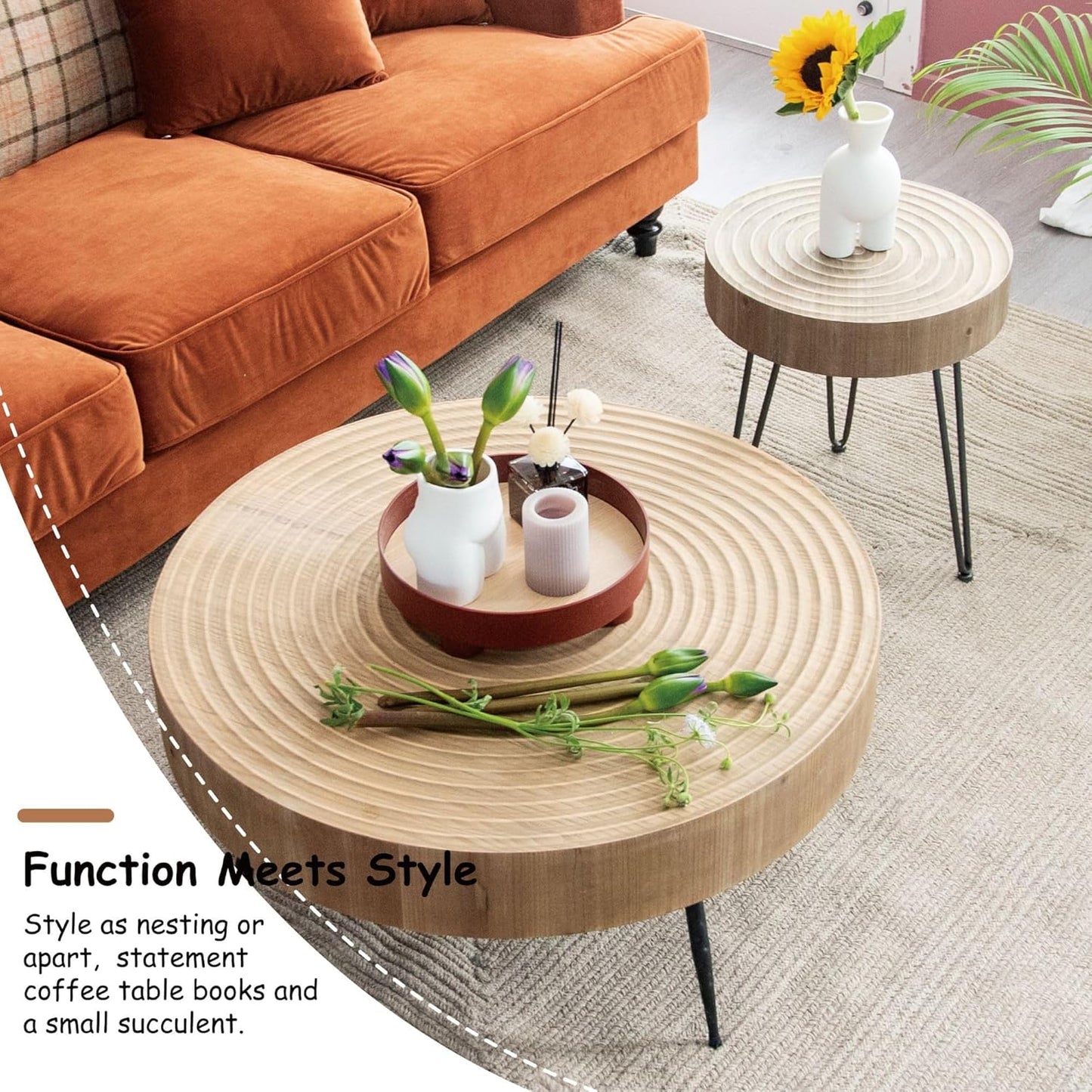 Two-Piece Modern Farmhouse Living Room Coffee Table Set, Round Nesting Tables