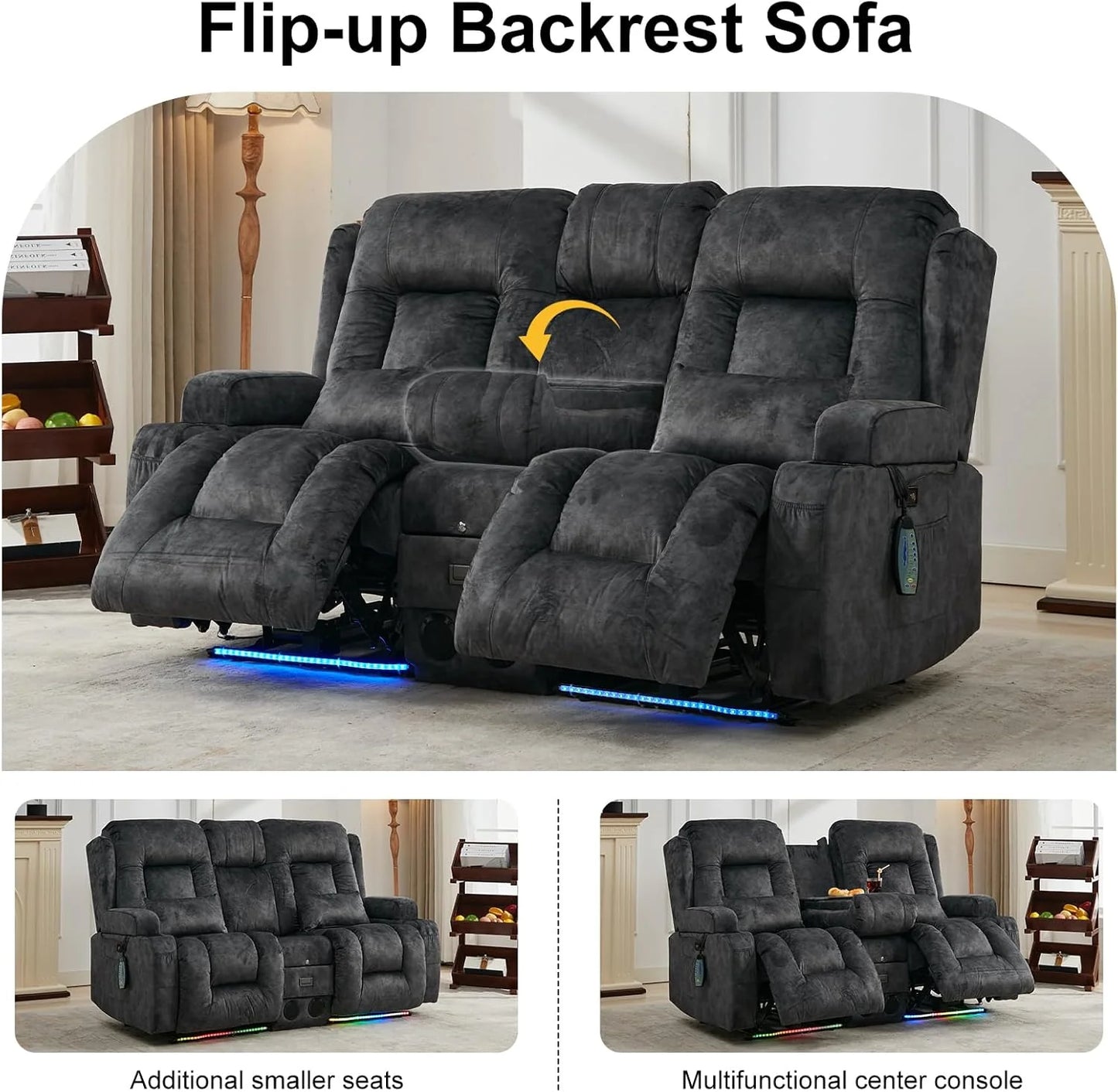 TUNYI Power Loveseat Recliner Sofa with Massage & Heat Home Theater Seating with Console Electric Recliner RV Sofa with USB/Outlet/Storage/Side Pocket/LED Light/Speaker (Brown, Loveseat)