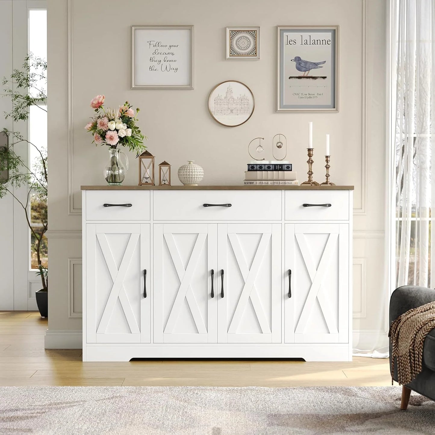 Sideboard with drawers, large 55-inch sideboard, sideboard storage with shelves and doors, modern farmhouse coffee bar wood kitchen dining table