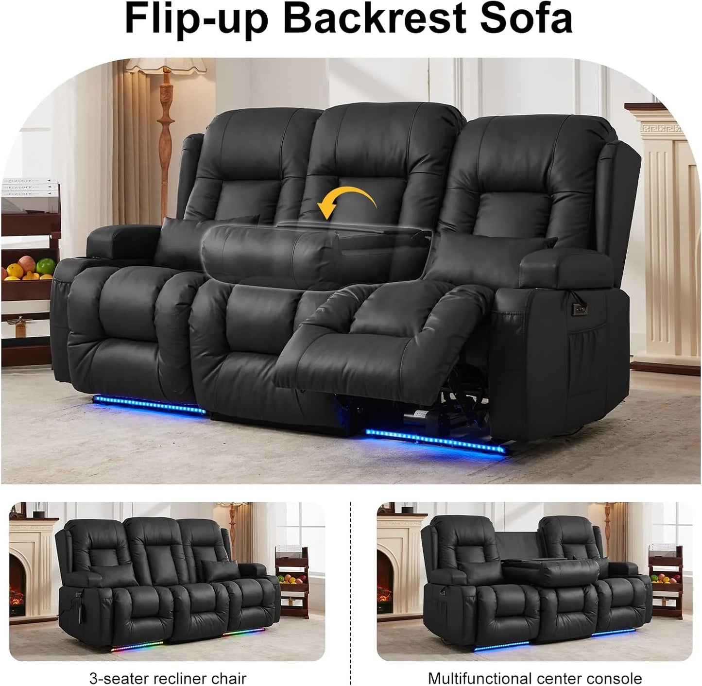 TUNYI Power Loveseat Recliner Sofa with Massage & Heat Home Theater Seating with Console Electric Recliner RV Sofa with USB/Outlet/Storage/Side Pocket/LED Light/Speaker (Brown, Loveseat)