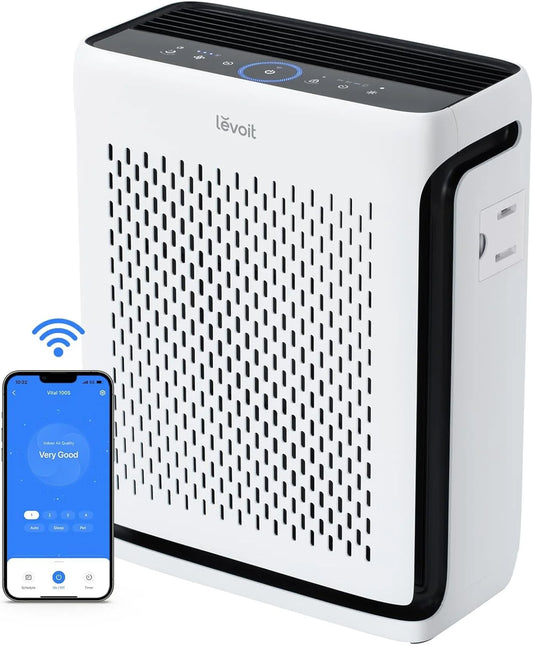 Large-room air purifier for home use with air quality monitor, washable pre-filter, and pet-friendly