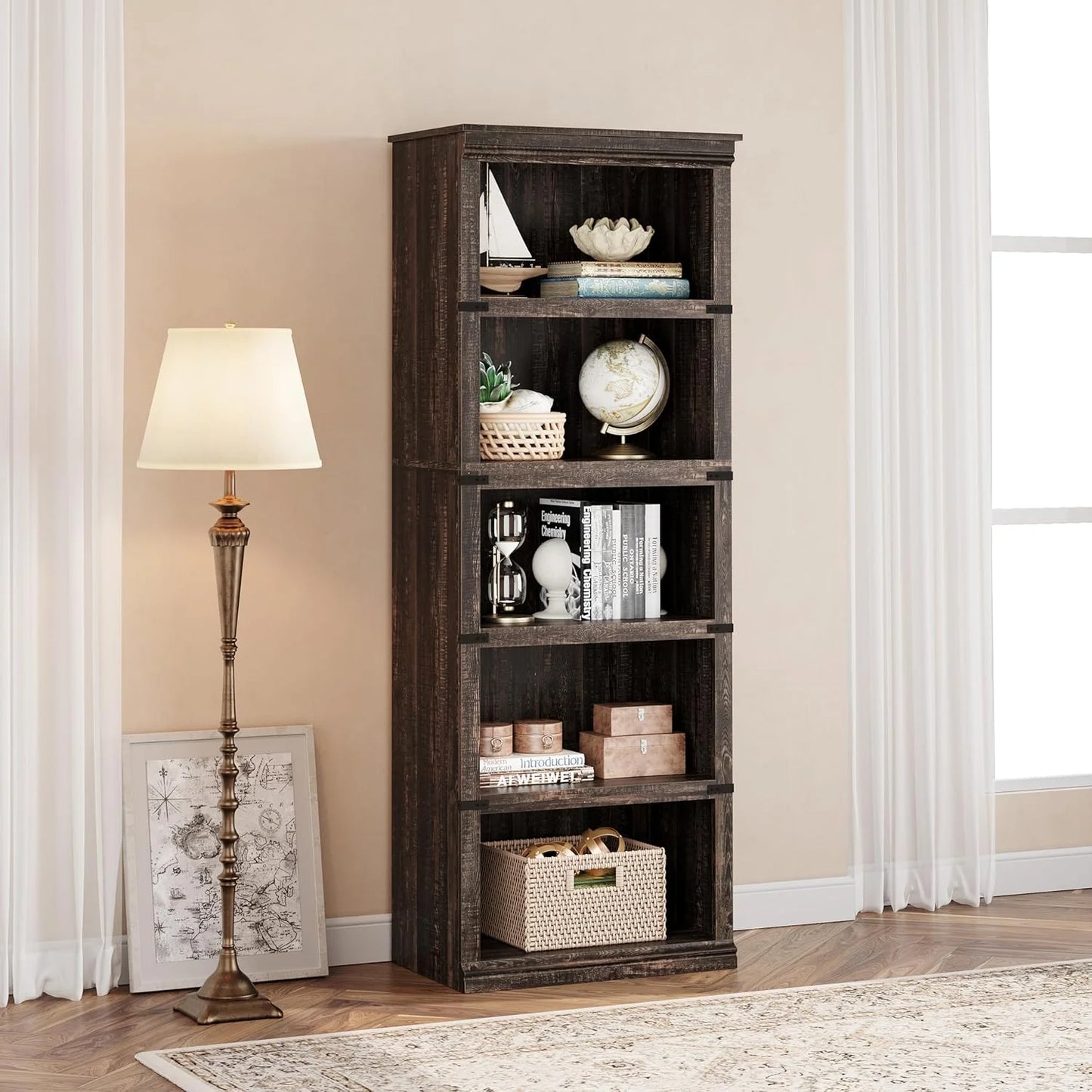 5 Tier Bookcase Farmhouse Book Shelf with Storage Open Display Bookshelves