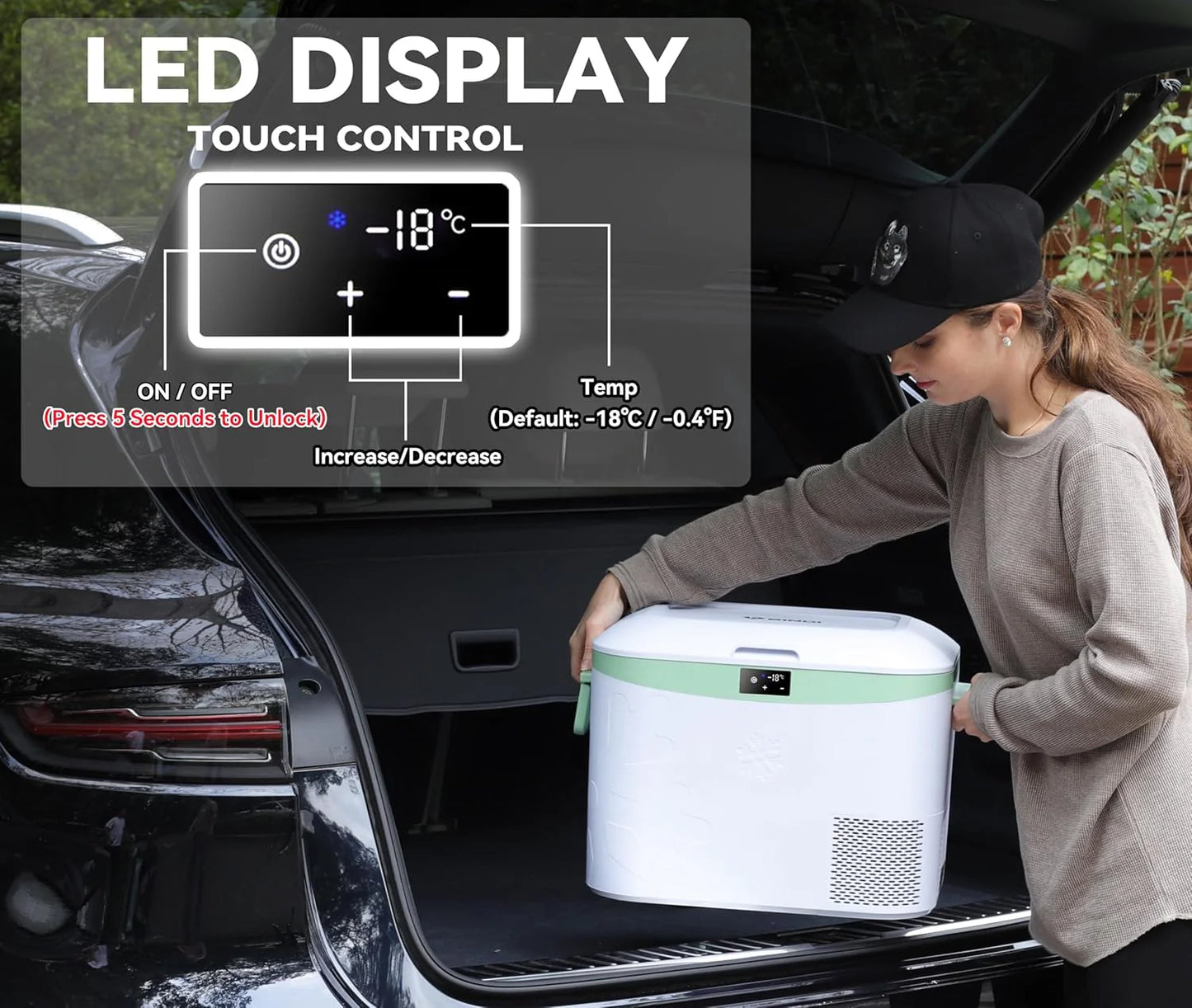 Car Fridge Portable 12 Volt Refrigerator 23 Quart (22 Liter) Freezer Compressor Cooler 12V/24V DC 110～240 V AC for Outdoor, Camping, Travel, Home Use -18℃~+15℃ (Green)