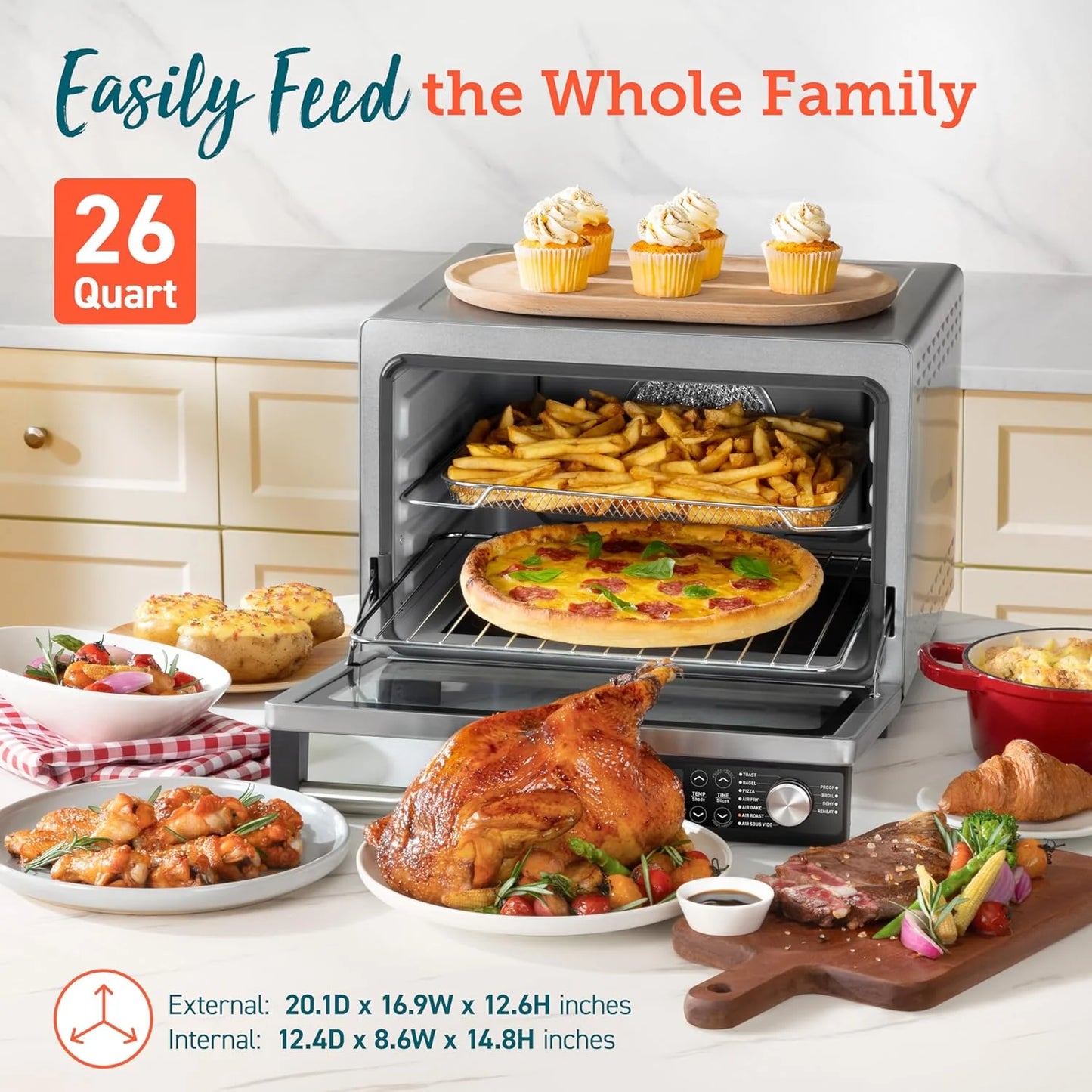 COSORI 11-in-1 air fryer, 13-quart capacity, combines grilling, toasting, baking, and reheating. Includes recipes and 6 accessories.