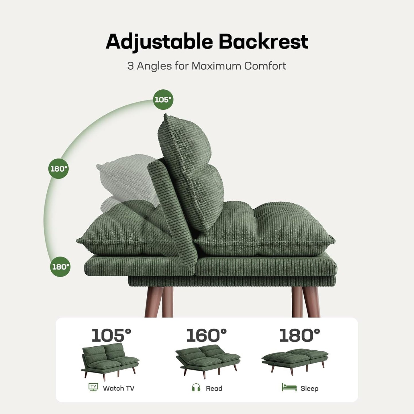 Futon Sofa Bed, Futon Sofa with Adjustable Back and Armrests, Converts to Small Sleeper Sofa Bed Corduroy Loveseat Green