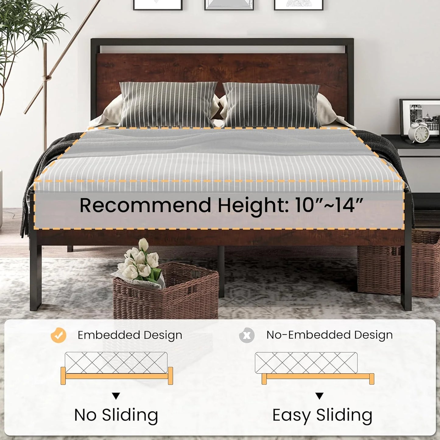 SHA CERLIN 14 Inch Full Size Metal Platform Bed Frame with Wooden Headboard and Footboard, Mattress Foundation, No Box Spring Needed, Large Under Bed Storage, Non-Slip Without Noise, Mahogany