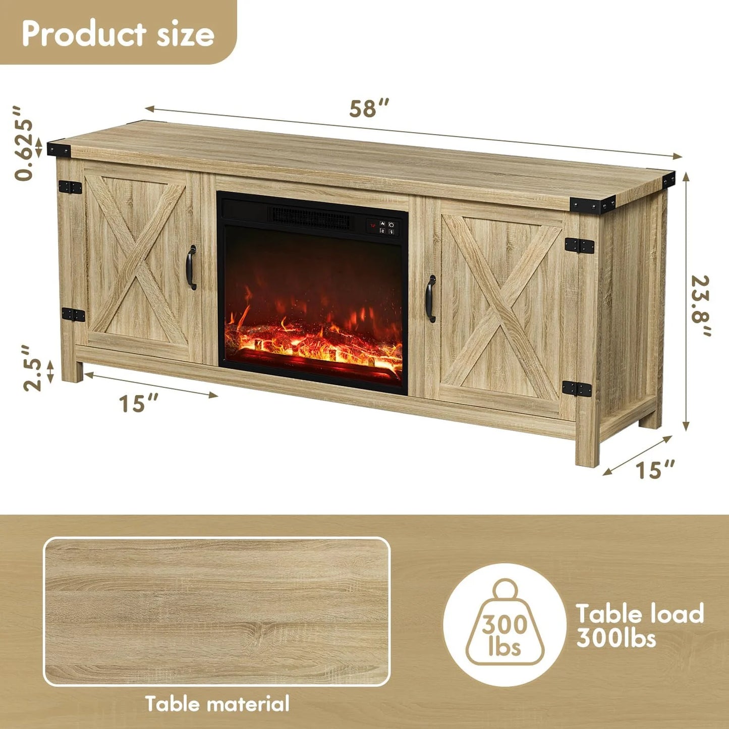 YESHOMY Fireplace TV Stand with Two Barn Doors and Storage Cabinets for Televisions up to 65+ Inch, Entertainment Center Console Table, Media Furniture for Living Room, 58 Inch