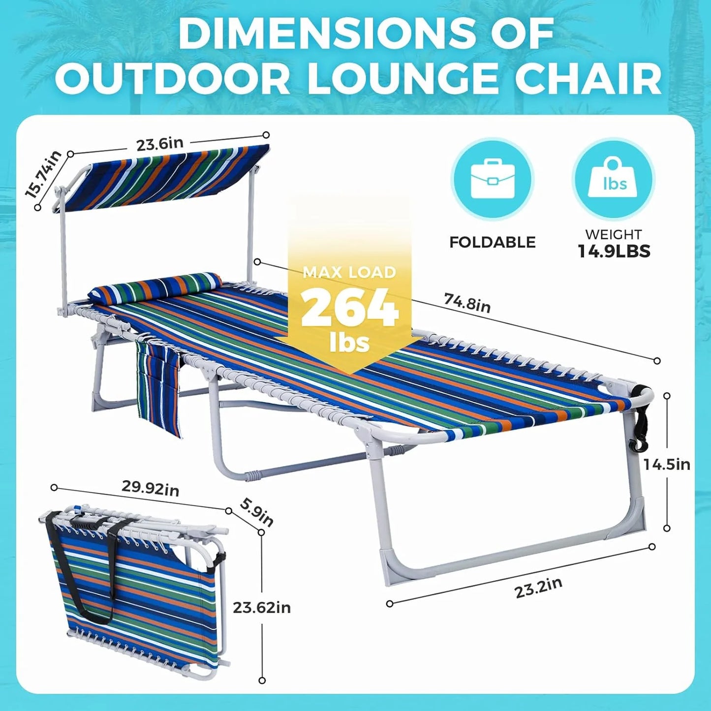 2 Pack Outdoor Chaise Lounge Chair - Portable Folding Patio Pool Lounge Chair, 5 Positions Adjustable Reclining Camping Chair with Side Table,Shoulder Strap, Pillow for Beach Sunbathing Lawn