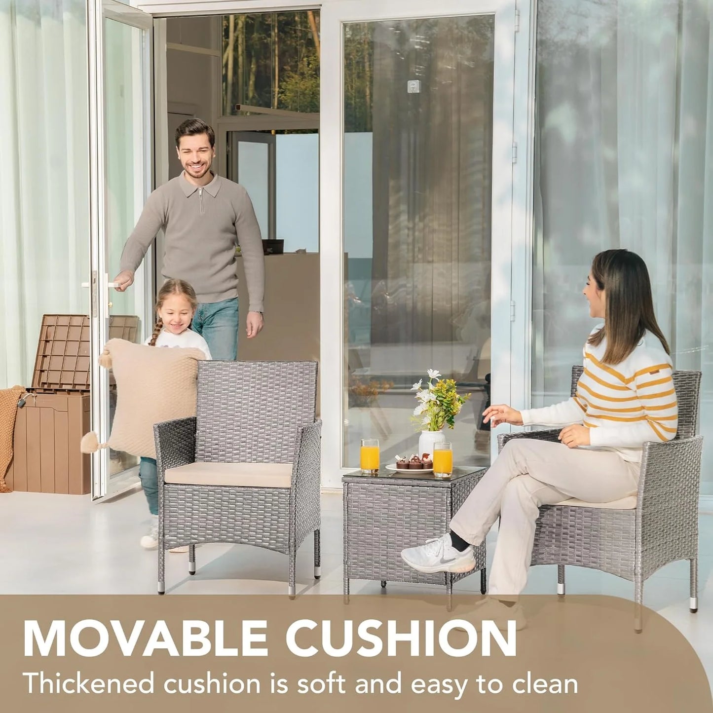 Devoko Patio Porch Furniture Sets 3 Pieces PE Rattan Wicker Chairs with Table Outdoor Garden Furniture Sets (Brown/Beige)