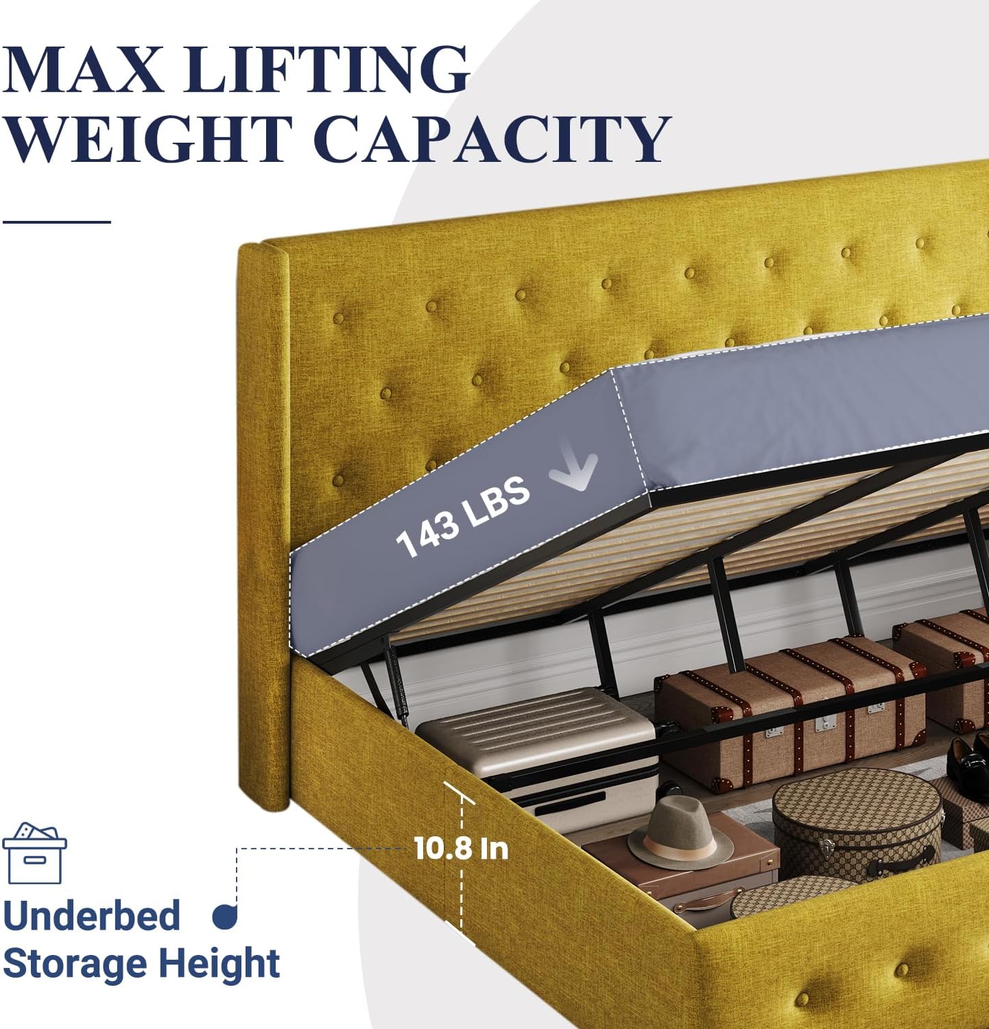 Allewie Queen Size Lift Up Storage Bed, Modern Wingback Headboard, Hydraulic Support, No Box Spring Needed, Light Beige