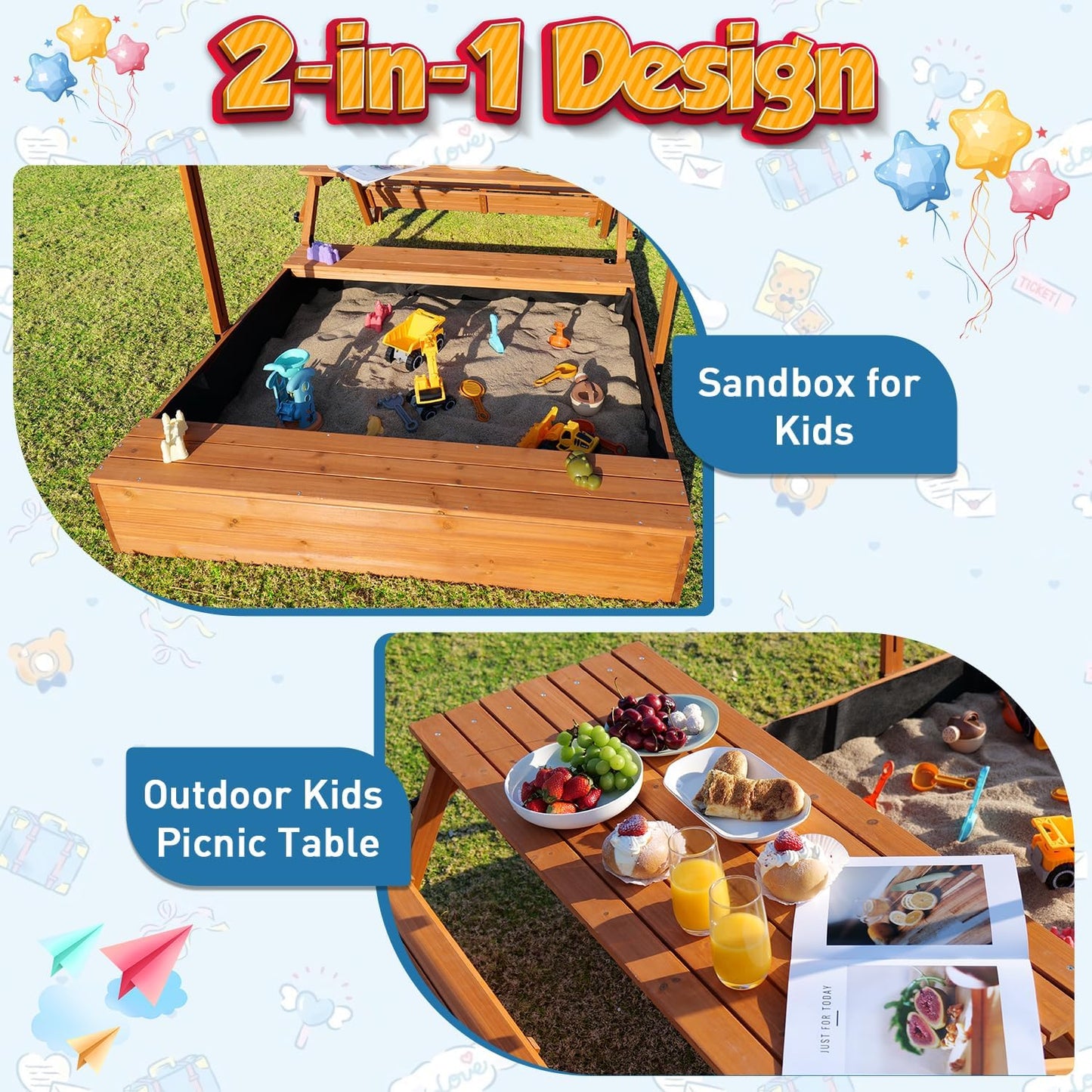 Wooden Kids Sandbox with Lid Outdoor Sand Box with Picnic Table Foldable, Sandpit with Cover Ages 4-8, Adjustable Canopy Bottom Liner for Backyard Garden