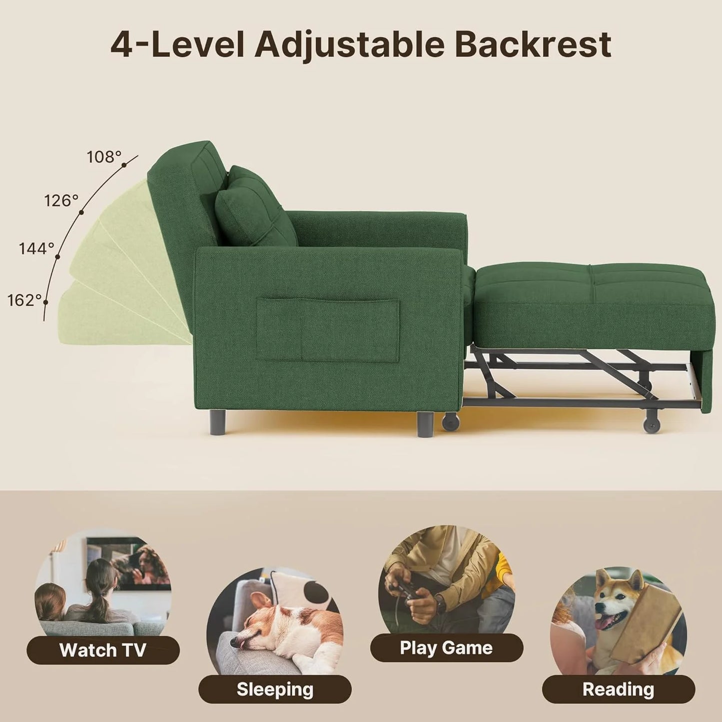 Sofa Bed Chair 3 in 1 Convertible, Pullout Single Sleeper Chair Bed with Adjustable Backrest, Spacious Multifunctional Sofa Couches