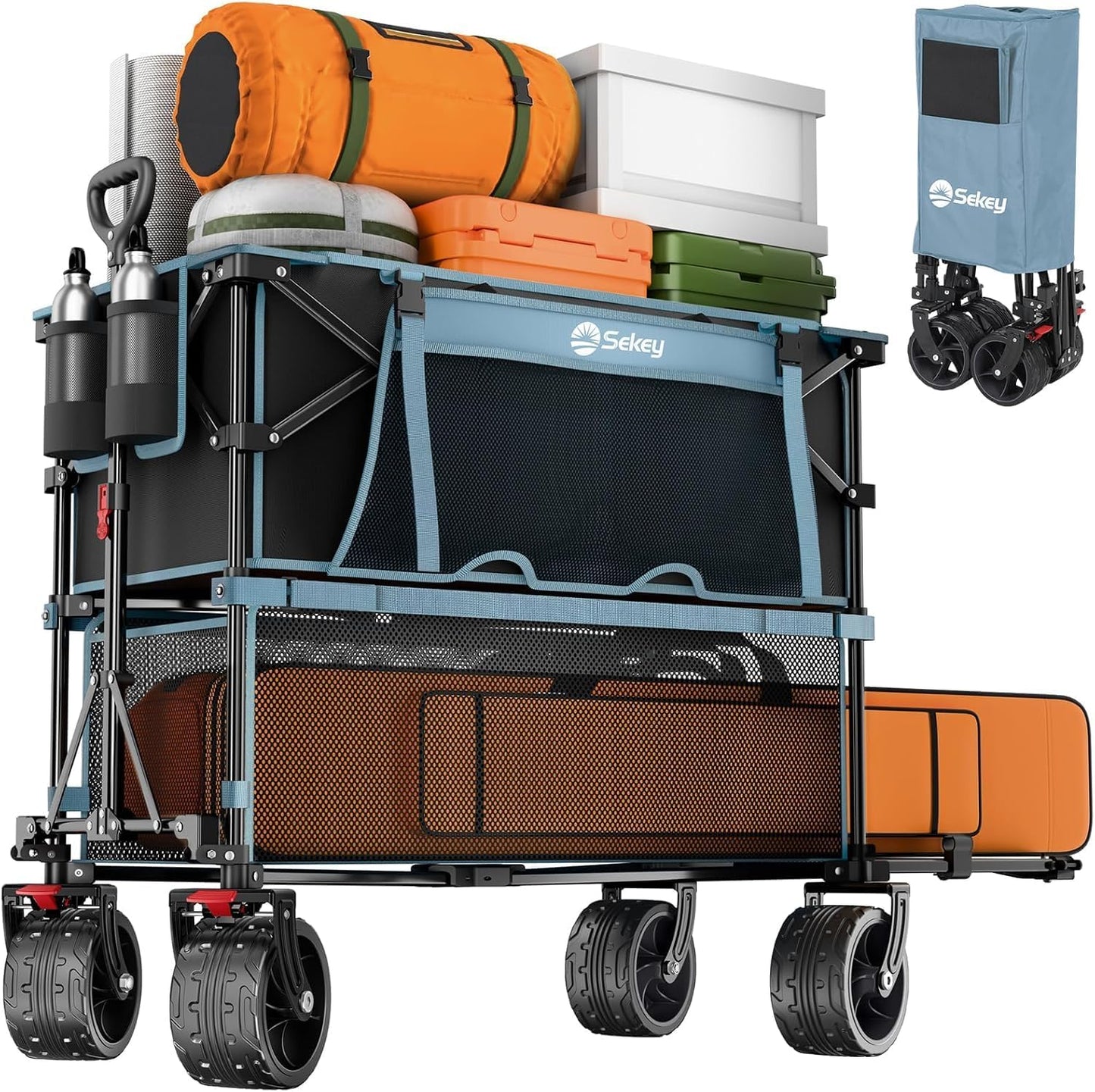 400L Large Capacity Folding Double Decker Wagon with Brakes, 50" Extra Long Extender Cart, 500lbs Heavy Duty Collapsible Wagons