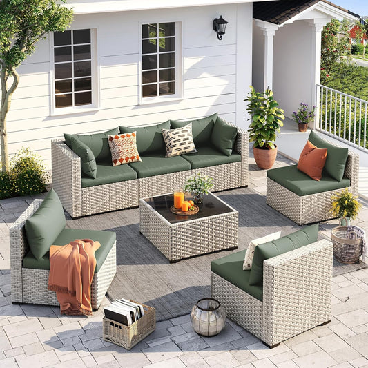 UDPATIO Outdoor Patio Furniture Set, 7-Piece PE Wicker Sectional Sofa with Tea Table, Outdoor Conversation Set