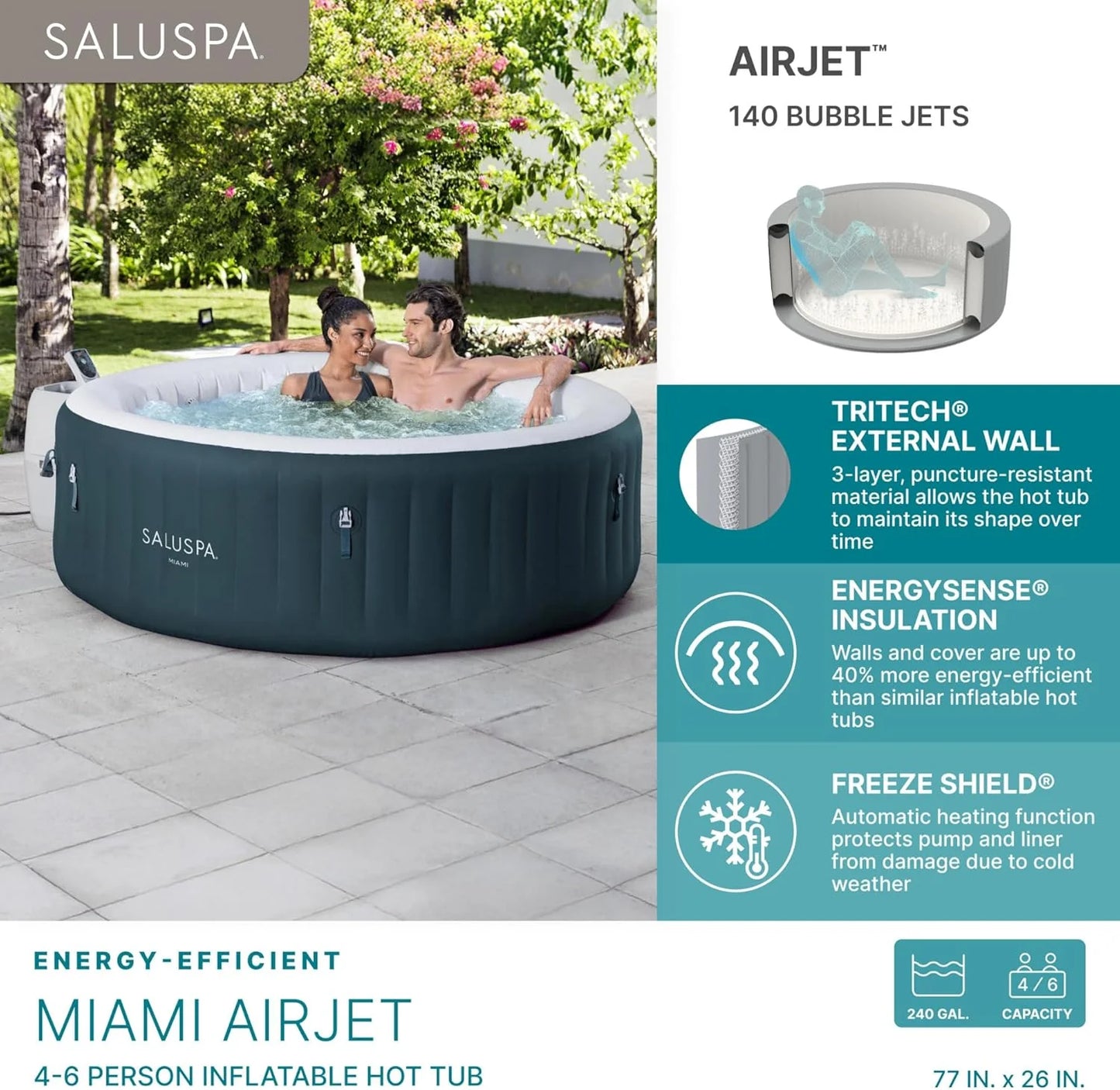 SaluSpa Aruba AirJet Large Round 2 to 3 Person Inflatable Hot Tub Portable Outdoor Spa with 110 AirJets and EnergySense Cover, Grey