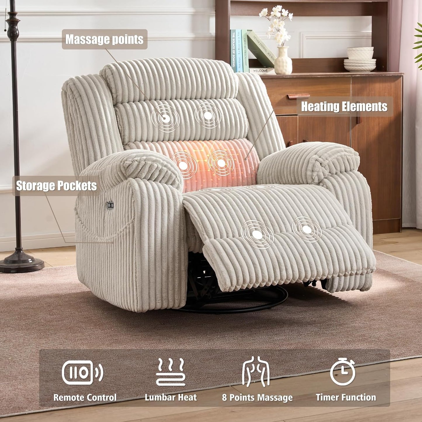 Electric rotary rocker lounge chair for adults with massage and calories, USB and C charging ports