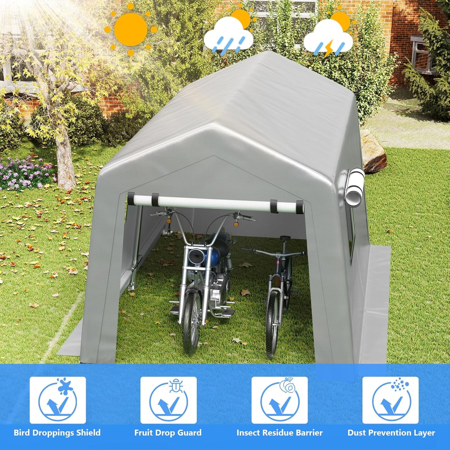 6x8 ft Heavy Duty Carport Tent Portable Garage with Removable Side Walls and Door Four Seasons Tarpaulin