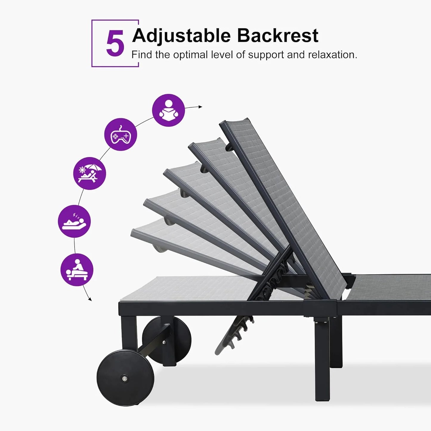 PURPLE LEAF Patio Tanning Lounge Chair Set with Face Down Hole Outdoor Aluminum Adjustable Reclining Chairs Wheels Pillows and Table for Poolside Beach Sunbathing Lounger, Beige