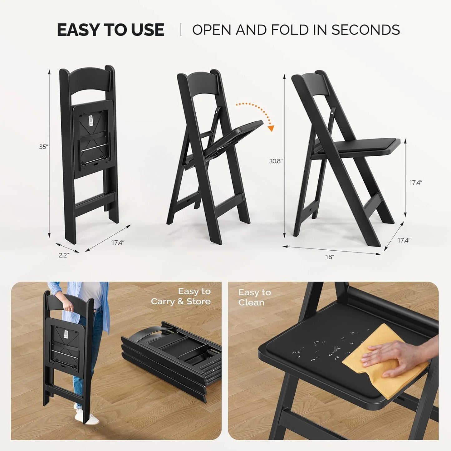 VINGLI Resin Folding Chair with Cushion Foldable Plastic Chair with Comfortable Cushioned Seat